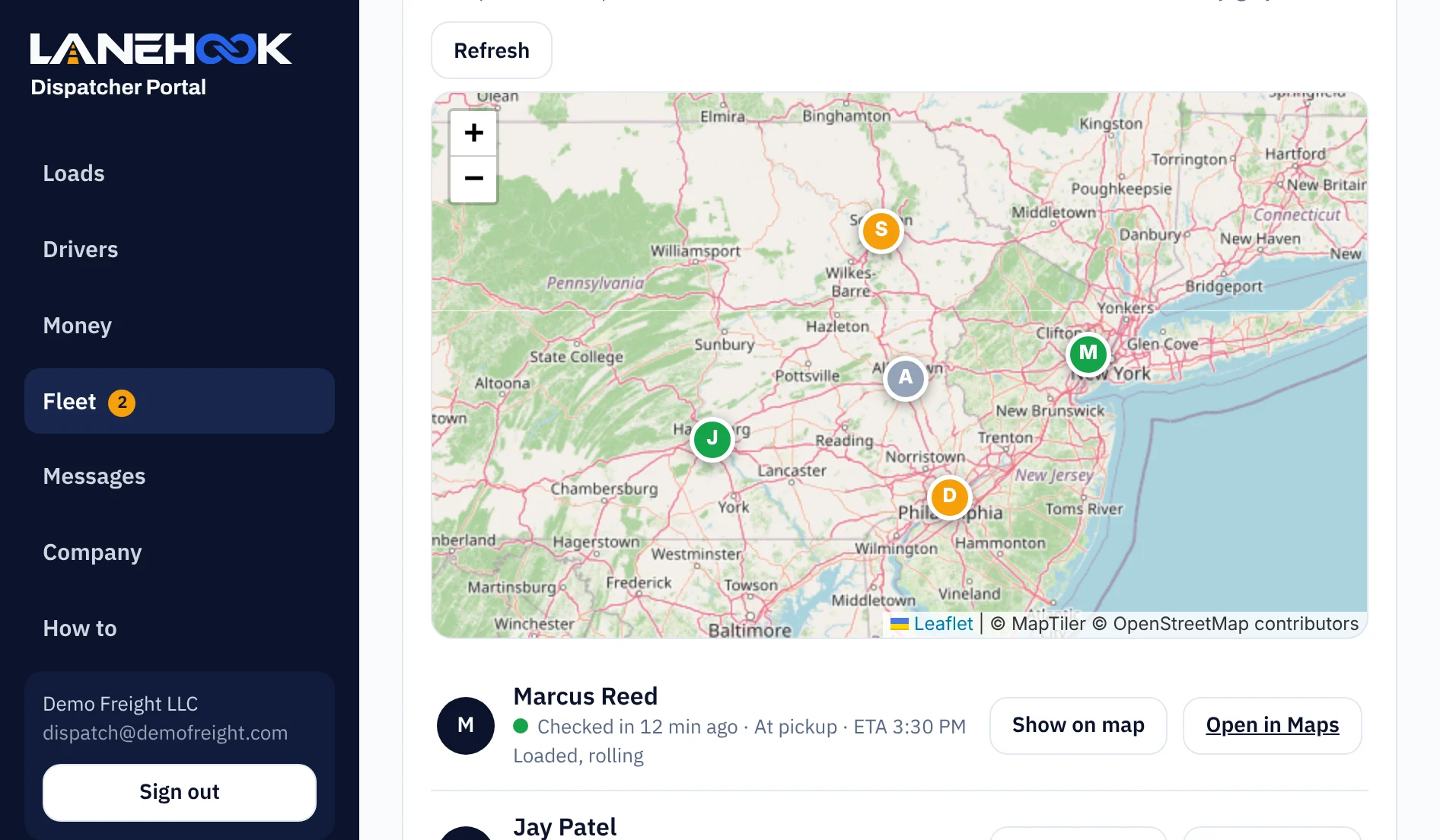 Dispatcher Portal Check-ins page with a map of driver check-ins