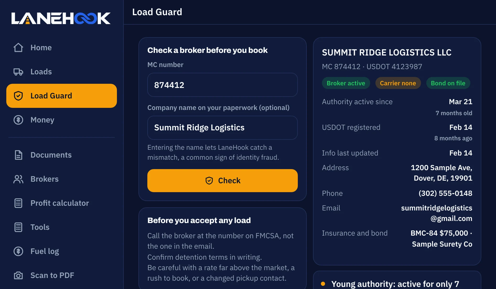 Load Guard broker check showing a young authority and a free email warning